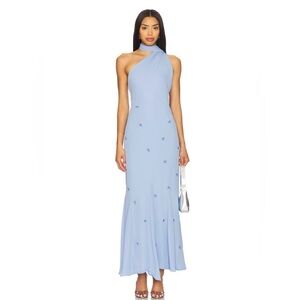 Baobab Collection One-Shoulder Baby Blue Embroidered Maxi Dress